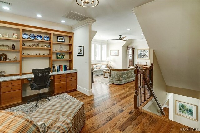 717 Old Stream Rd, Manakin Sabot, VA 23103 - office featuring built in study area, light wood-style flooring, baseboards, crown molding, and recessed lighting