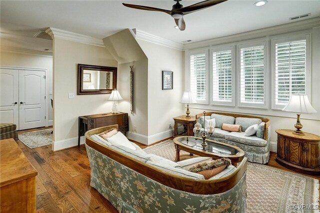 717 Old Stream Rd, Manakin Sabot, VA 23103 - living area with ceiling fan, crown molding, baseboards, hardwood / wood-style floors, and recessed lighting