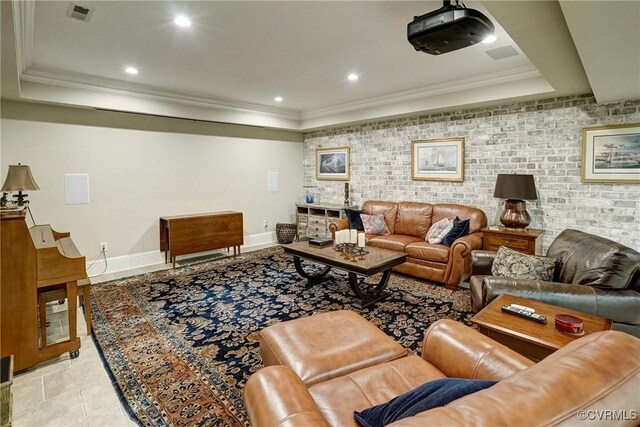 717 Old Stream Rd, Manakin Sabot, VA 23103 - living area featuring crown molding, baseboards, recessed lighting, brick wall, and a raised ceiling