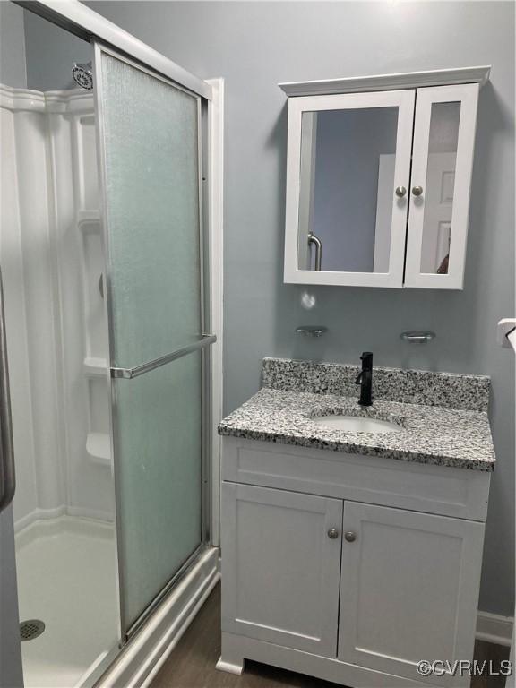 2517 Myron Ave, Chesterfield, VA 23237 - full bath featuring a stall shower, vanity, and wood finished floors