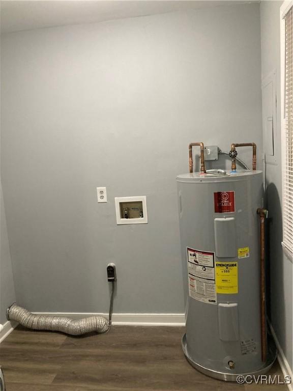 2517 Myron Ave, Chesterfield, VA 23237 - laundry area featuring water heater, hookup for an electric dryer, dark wood-style flooring, baseboards, and hookup for a washing machine