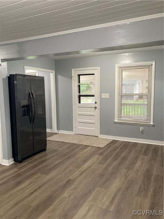 2517 Myron Ave, Chesterfield, VA 23237 - kitchen featuring black refrigerator with ice dispenser, baseboards, dark wood-type flooring, and crown molding