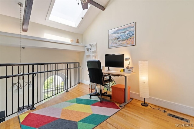 9 E Clay St Unit U2, Richmond, VA 23219 - office with ceiling fan, wood finished floors, a skylight, baseboards, and high vaulted ceiling