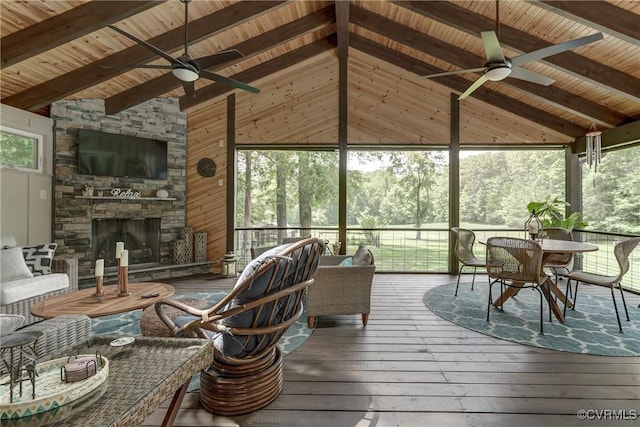 1825 Rock Point Dr, Powhatan, VA 23139 - sunroom / solarium featuring a ceiling fan and a fireplace