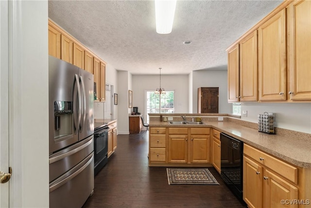 8401 Bethia Rd, Chesterfield, VA 23832 - kitchen featuring black appliances, a sink, a peninsula, a textured ceiling, and light brown cabinetry