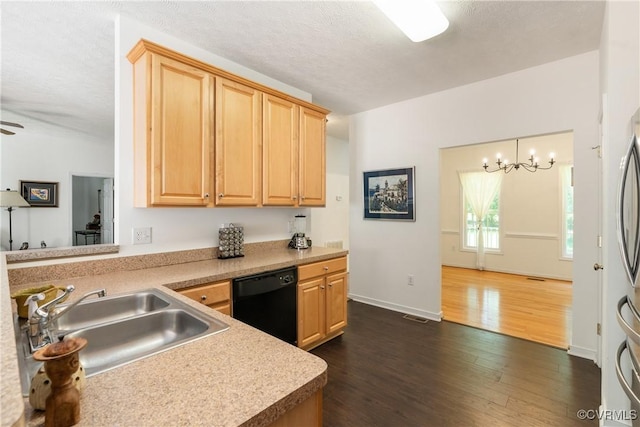 8401 Bethia Rd, Chesterfield, VA 23832 - kitchen with black dishwasher, a sink, light brown cabinets, dark wood-type flooring, and a textured ceiling