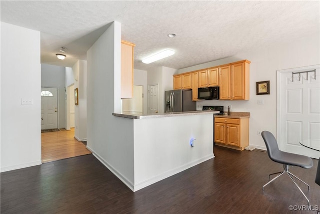 8401 Bethia Rd, Chesterfield, VA 23832 - kitchen featuring black microwave, stainless steel refrigerator with ice dispenser, dark wood-type flooring, a textured ceiling, and a peninsula