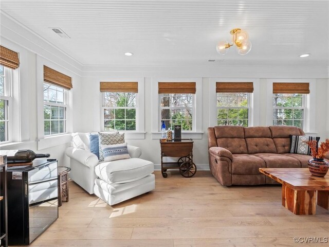 200 N Ridge Rd, Henrico, VA 23229 - living room with light wood-style floors, ornamental molding, a chandelier, and recessed lighting