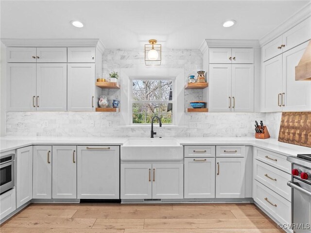 200 N Ridge Rd, Henrico, VA 23229 - kitchen with open shelves, stainless steel stove, a sink, white cabinets, and light countertops