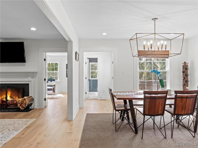 200 N Ridge Rd, Henrico, VA 23229 - dining room featuring light wood-style flooring, a chandelier, recessed lighting, a fireplace with flush hearth, and baseboards