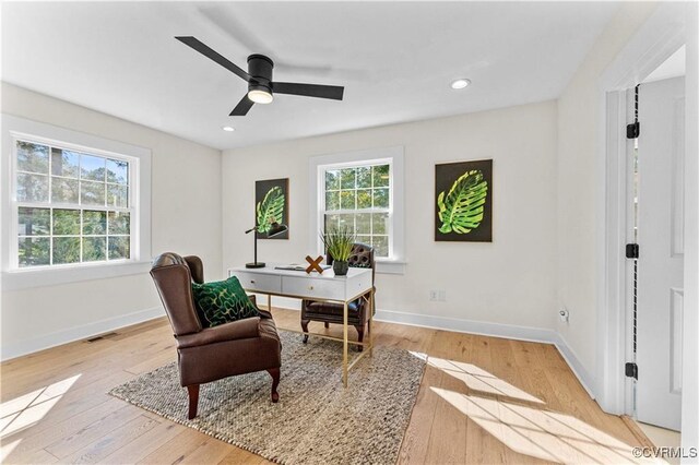 200 N Ridge Rd, Henrico, VA 23229 - dining room with light wood-style floors, baseboards, ceiling fan, recessed lighting, and a desk