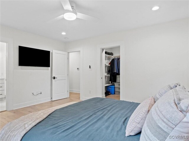 200 N Ridge Rd, Henrico, VA 23229 - bedroom featuring light wood-style flooring, recessed lighting, a walk in closet, ceiling fan, and baseboards