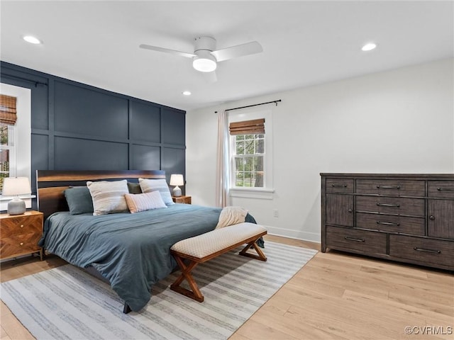 200 N Ridge Rd, Henrico, VA 23229 - bedroom with light wood finished floors, recessed lighting, a decorative wall, ceiling fan, and baseboards