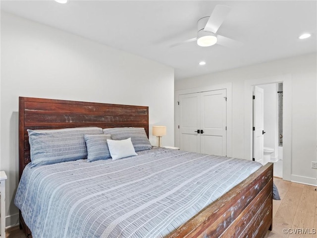 200 N Ridge Rd, Henrico, VA 23229 - bedroom featuring light wood-style floors, recessed lighting, a ceiling fan, baseboards, and ensuite bathroom