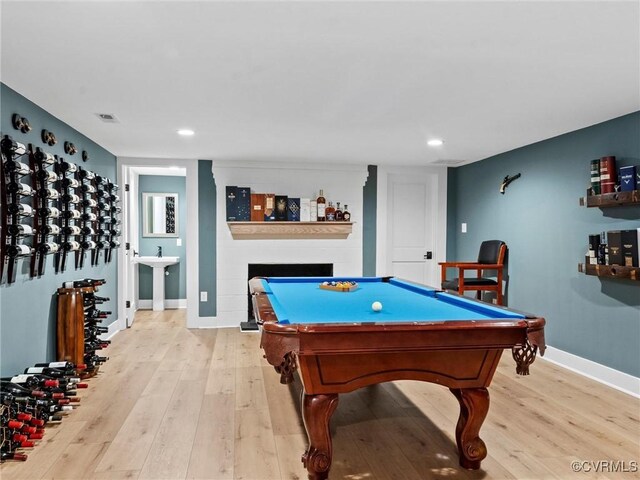 200 N Ridge Rd, Henrico, VA 23229 - game room with light wood finished floors, baseboards, recessed lighting, a fireplace, and billiards