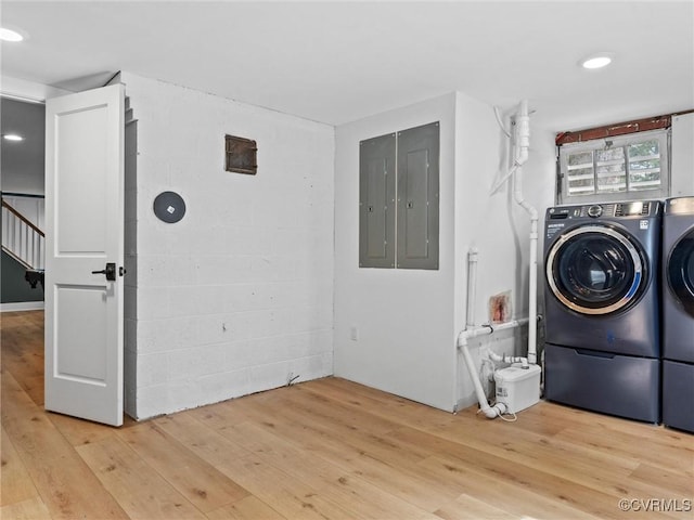 200 N Ridge Rd, Henrico, VA 23229 - laundry area with washer and clothes dryer, light wood finished floors, and electric panel