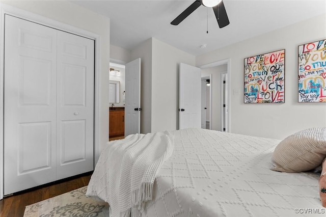 5314 Marian St, Richmond, VA 23226 - bedroom with dark wood-style flooring, a closet, ceiling fan, a sink, and connected bathroom