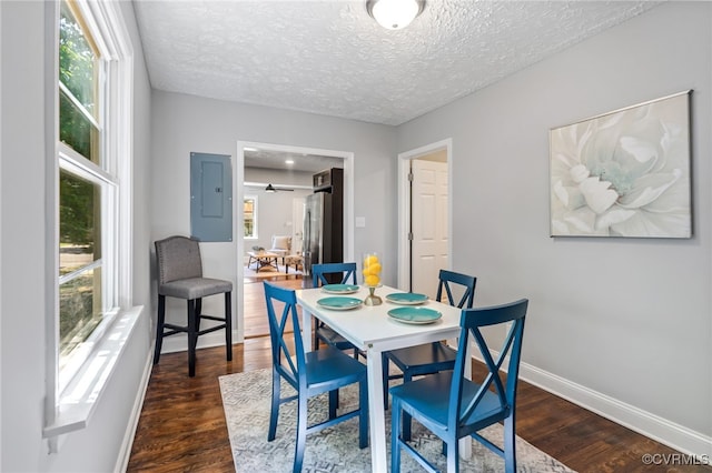 2039 Richmond Ave, Petersburg, VA 23803 - dining room with electric panel, dark wood-style floors, baseboards, and a textured ceiling