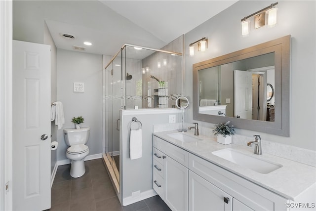 3700 Milbranch Pl, Henrico, VA 23233 - full bath featuring vaulted ceiling, double vanity, toilet, a stall shower, and tile patterned floors
