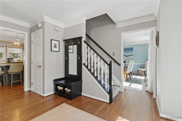 3700 Milbranch Pl, Henrico, VA 23233 - stairs with wood finished floors, crown molding, and baseboards