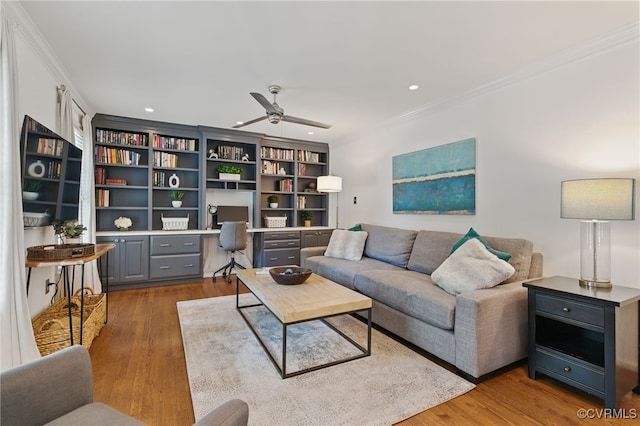 3700 Milbranch Pl, Henrico, VA 23233 - living area featuring ornamental molding, a ceiling fan, wood finished floors, and recessed lighting