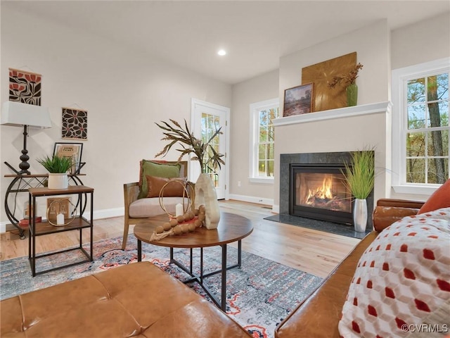 30307 Victoria Way, Petersburg, VA 23805 - living area with wood finished floors, a glass covered fireplace, baseboards, and recessed lighting