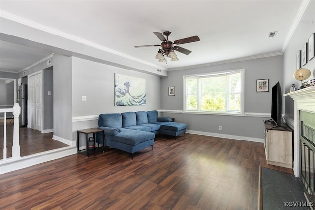 2207 Turtle Hill Cir, Midlothian, VA 23112 - living room with a ceiling fan, wood finished floors, a fireplace with flush hearth, crown molding, and baseboards