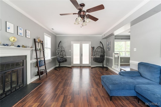 2207 Turtle Hill Cir, Midlothian, VA 23112 - living area featuring french doors, a glass covered fireplace, wood finished floors, ceiling fan, and baseboards