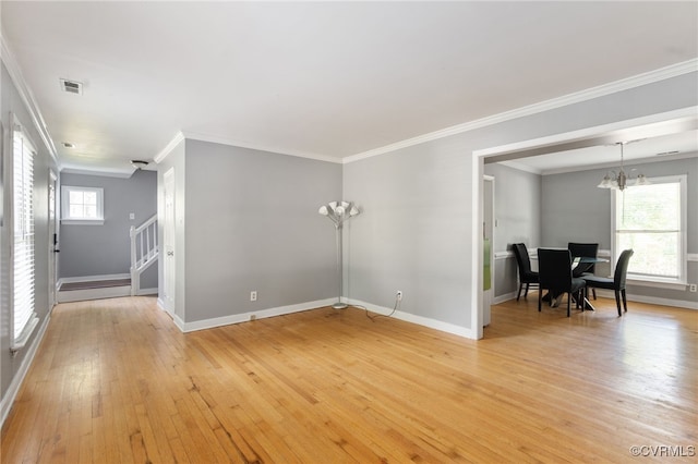 2207 Turtle Hill Cir, Midlothian, VA 23112 - unfurnished living room featuring a chandelier, stairs, ornamental molding, baseboards, and light wood finished floors