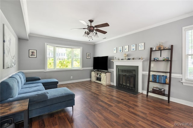 2207 Turtle Hill Cir, Midlothian, VA 23112 - living area with a ceiling fan, healthy amount of natural light, dark wood-style flooring, and crown molding