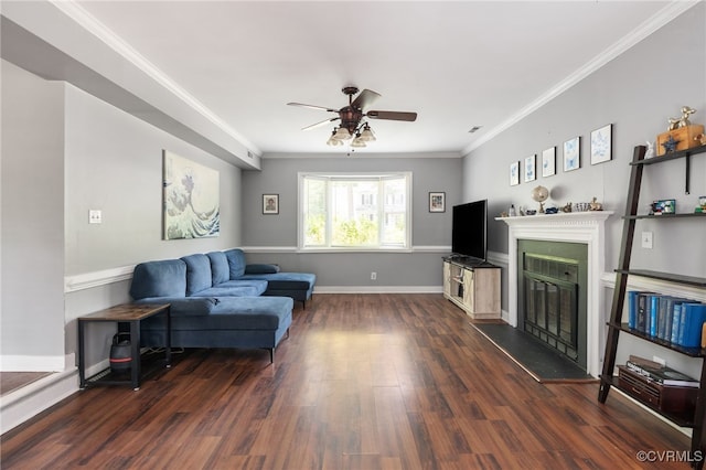 2207 Turtle Hill Cir, Midlothian, VA 23112 - living area featuring a ceiling fan, ornamental molding, dark wood-style flooring, a glass covered fireplace, and baseboards