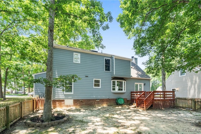 2207 Turtle Hill Cir, Midlothian, VA 23112 - rear view of house with a wooden deck, a fenced backyard, a chimney, and crawl space