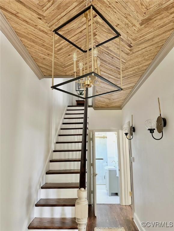 1500 N 23rd St, Richmond, VA 23223 - stairway with wooden ceiling, wood finished floors, and ornamental molding