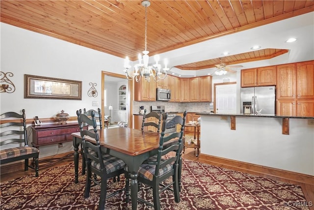 10003 Four Iron Ct, Fredericksburg, VA 22408 - dining room with wooden ceiling, ornamental molding, dark wood-style flooring, a chandelier, and recessed lighting