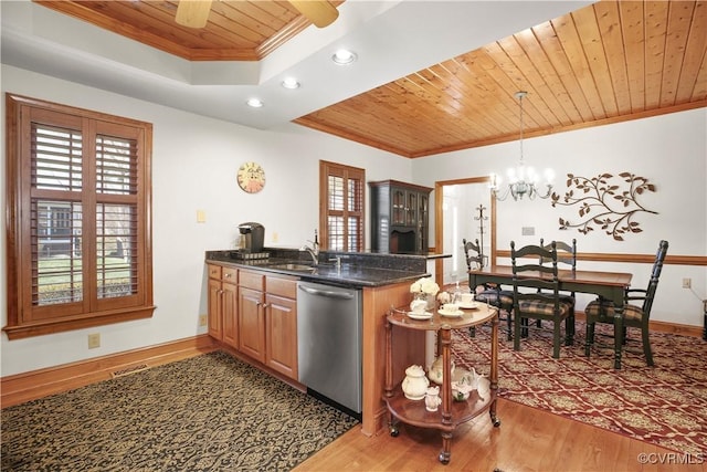10003 Four Iron Ct, Fredericksburg, VA 22408 - kitchen featuring wood ceiling, stainless steel dishwasher, crown molding, wood finished floors, and recessed lighting