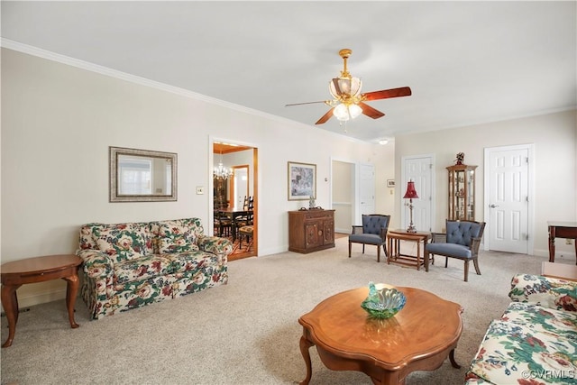 10003 Four Iron Ct, Fredericksburg, VA 22408 - living room featuring light carpet, a ceiling fan, ornamental molding, and baseboards