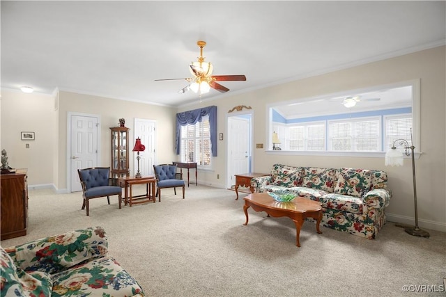 10003 Four Iron Ct, Fredericksburg, VA 22408 - carpeted living room with a ceiling fan, crown molding, and baseboards
