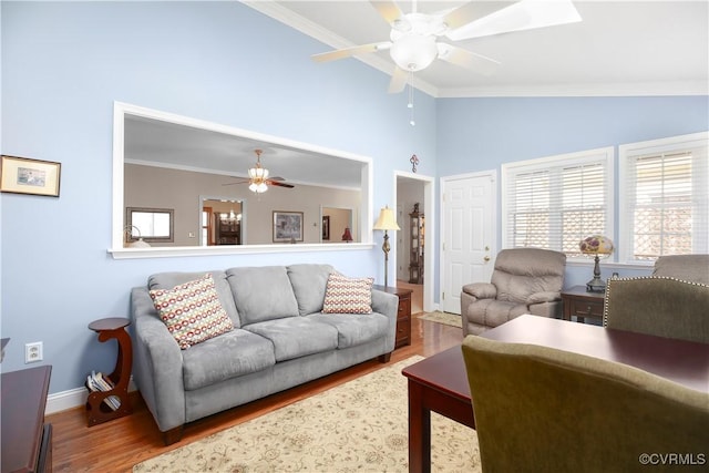 10003 Four Iron Ct, Fredericksburg, VA 22408 - living room featuring a ceiling fan, wood finished floors, crown molding, baseboards, and high vaulted ceiling