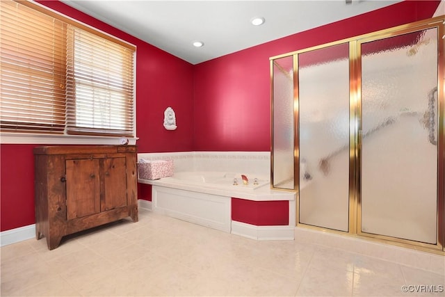 10003 Four Iron Ct, Fredericksburg, VA 22408 - bathroom featuring a bath, tile patterned floors, a stall shower, recessed lighting, and baseboards