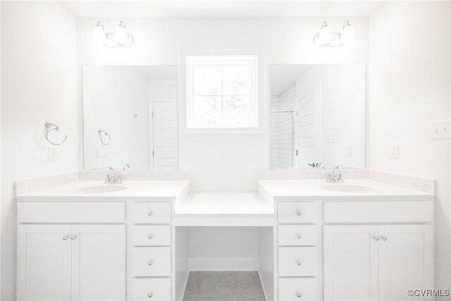 18709 Palisades Cove Trl, Moseley, VA 23120 - bathroom featuring double vanity, a shower, and tile patterned flooring