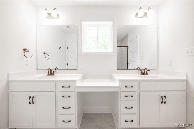 18713 Palisades Cove Trl, Moseley, VA 23120 - bathroom with two vanities, marble finish floors, and a shower