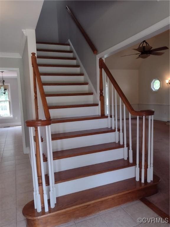 3249 N Maidens Rd, Maidens, VA 23139 - stairs featuring tile patterned floors, ornamental molding, a ceiling fan, and baseboards