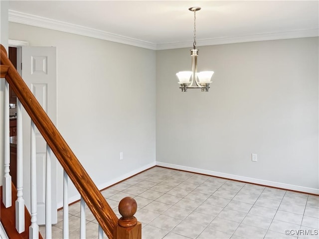 8069 Kiwi Ln, Mechanicsville, VA 23111 - empty room featuring a chandelier, crown molding, stairway, baseboards, and light tile patterned flooring