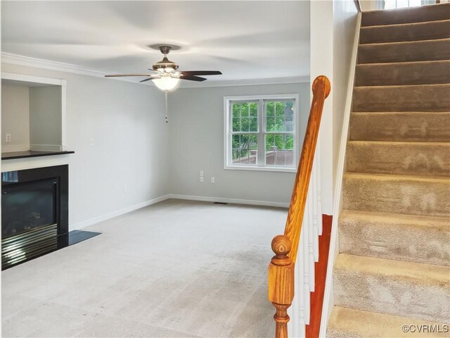 8069 Kiwi Ln, Mechanicsville, VA 23111 - unfurnished living room featuring stairway, a fireplace with flush hearth, a ceiling fan, carpet flooring, and crown molding