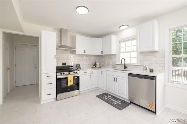 13119 Glenmeadow Ct, Midlothian, VA 23114 - kitchen with appliances with stainless steel finishes, wall chimney range hood, a sink, and white cabinets