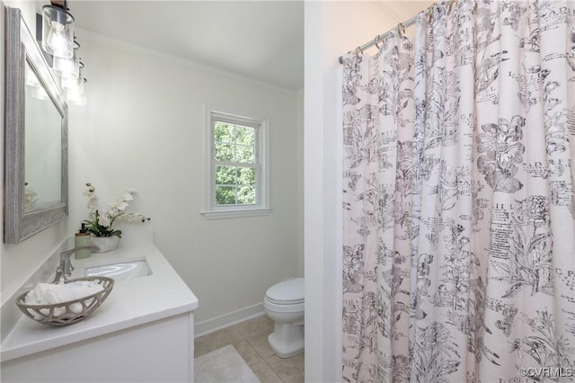 13119 Glenmeadow Ct, Midlothian, VA 23114 - bathroom featuring toilet, crown molding, baseboards, tile patterned floors, and vanity