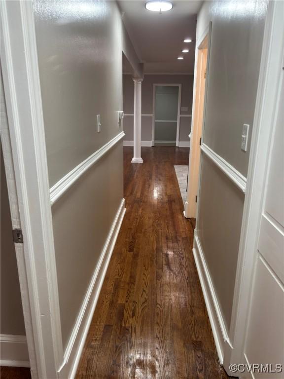 23766 Kings Hwy, Warsaw, VA 22572 - hallway featuring decorative columns and wood finished floors