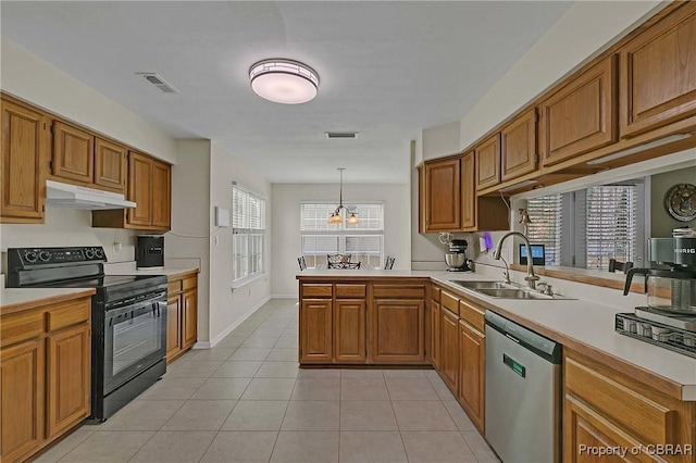802 Westgate Ct, Newport News, VA 23602 - kitchen with black range with electric cooktop, dishwasher, a peninsula, a sink, and brown cabinets