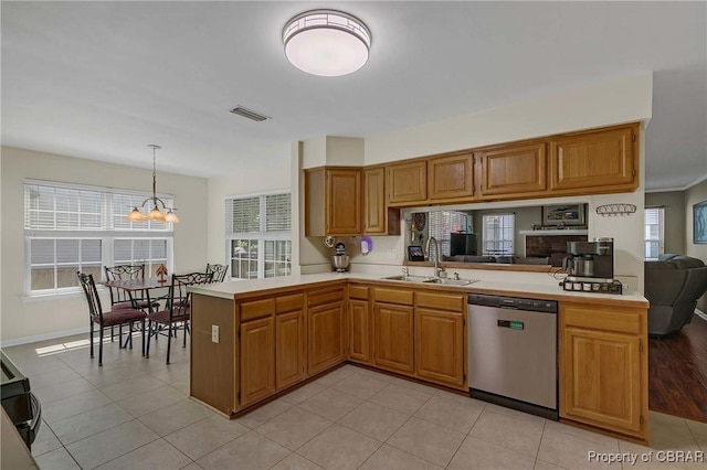 802 Westgate Ct, Newport News, VA 23602 - kitchen featuring dishwasher, a sink, a peninsula, light countertops, and a chandelier