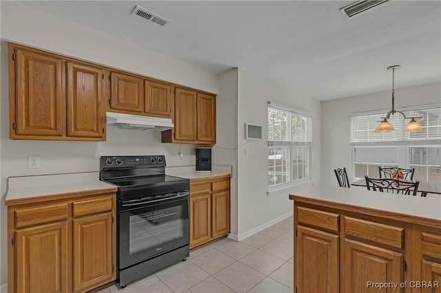 802 Westgate Ct, Newport News, VA 23602 - kitchen featuring black / electric stove, under cabinet range hood, light countertops, brown cabinetry, and light tile patterned floors
